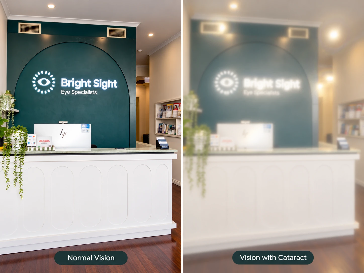 Illustration comparing normal vision with cloudy and blurred vision from a cataract