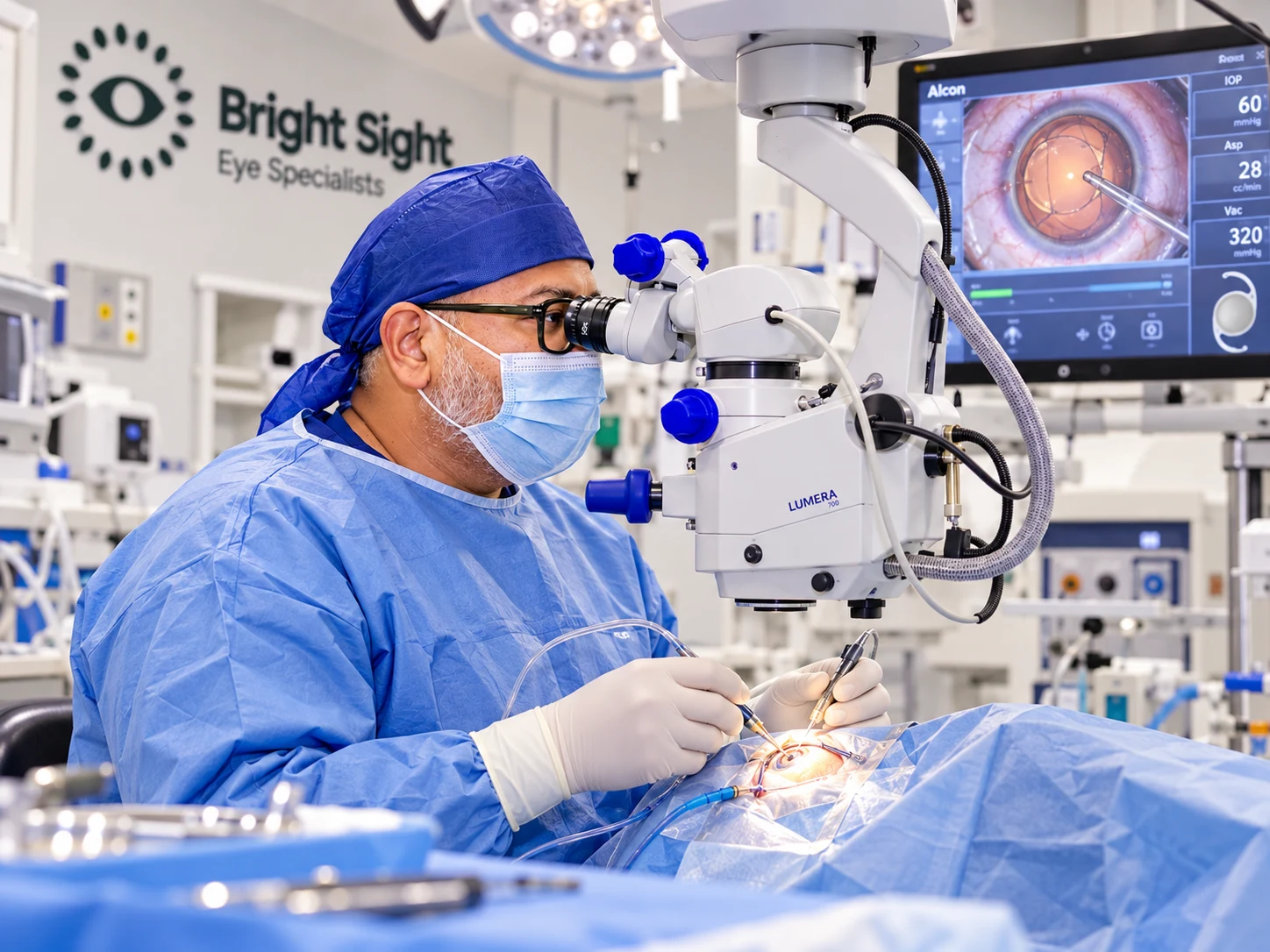 Dr Rahul Dubey performing cataract surgery with an ophthalmic microscope