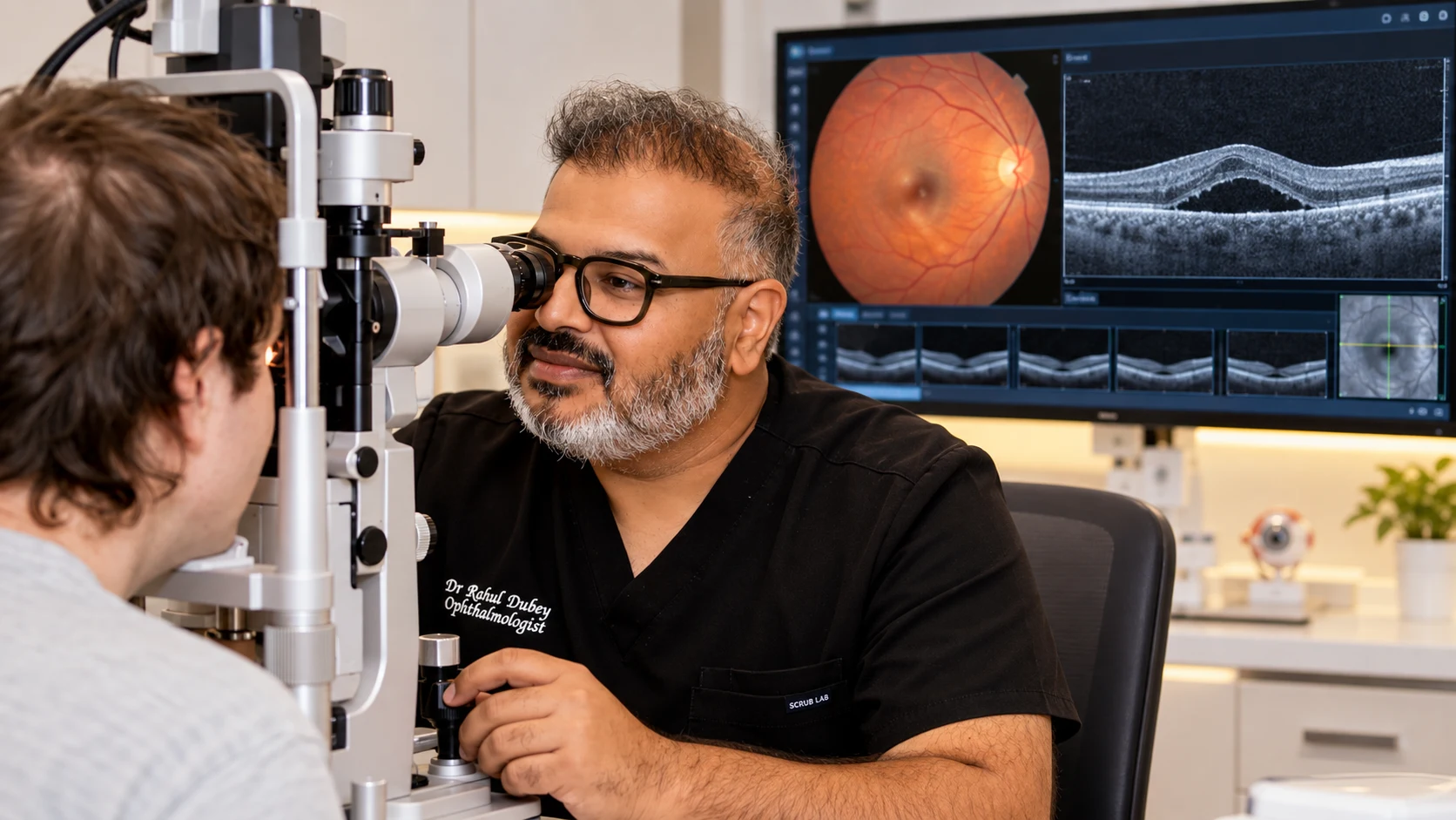 Dr Rahul Dubey examining a patient with OCT imaging for central serous retinopathy