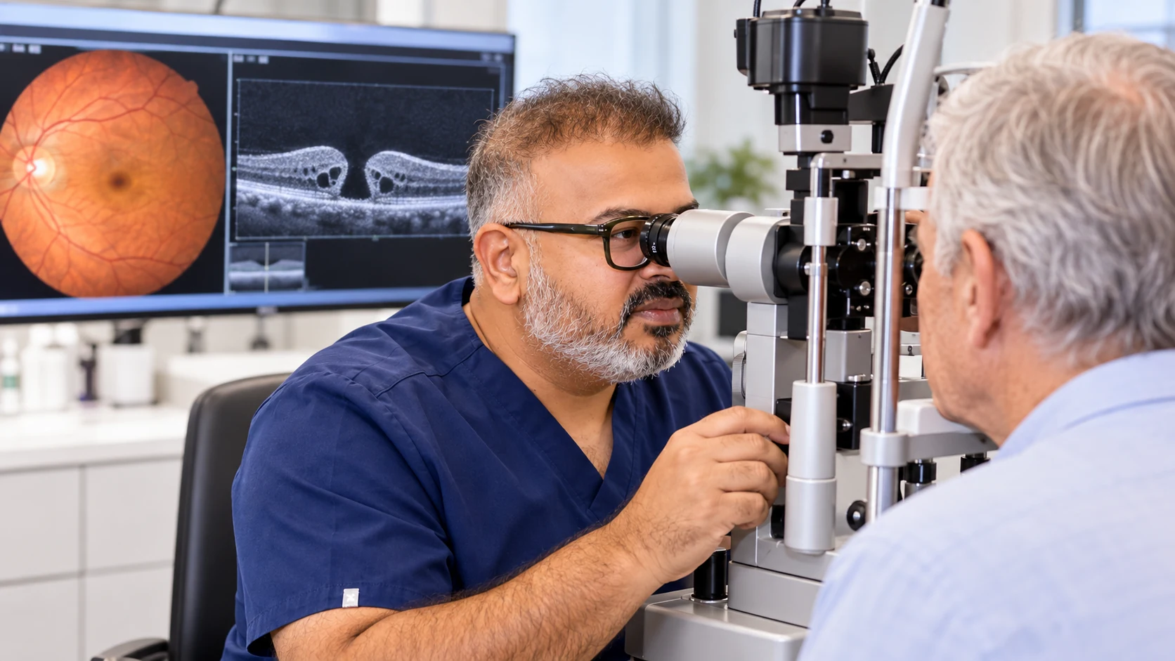 Dr Rahul Dubey examining a patient with OCT imaging for a macular hole