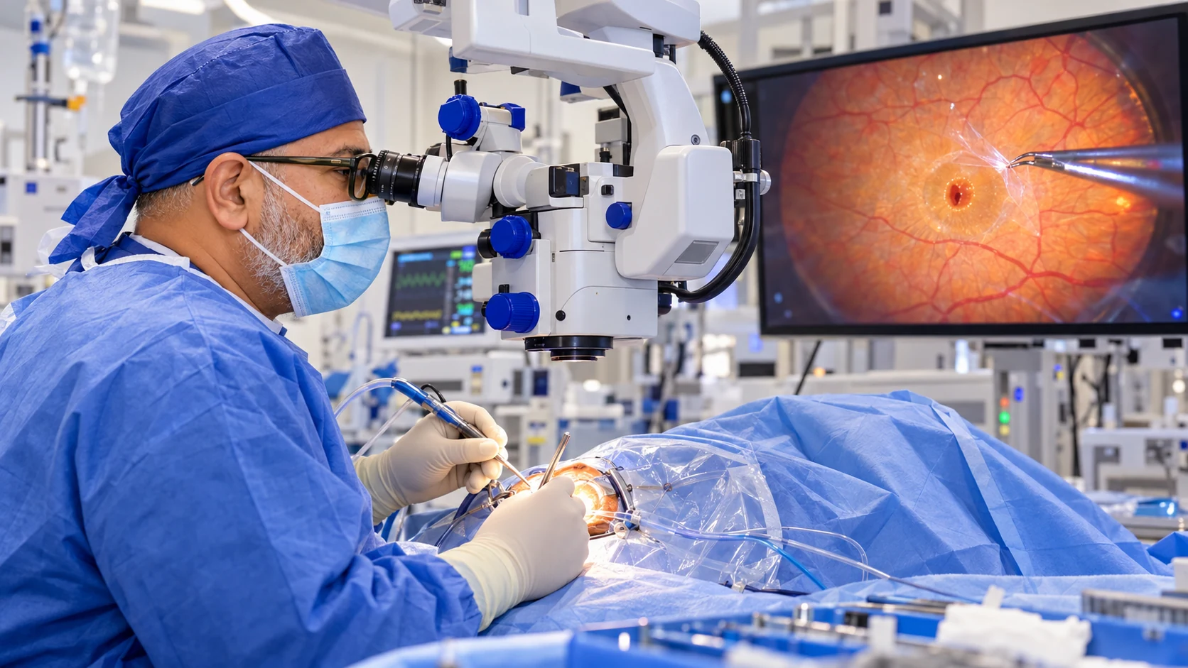Dr Rahul Dubey performing vitreoretinal microsurgery for a macular hole