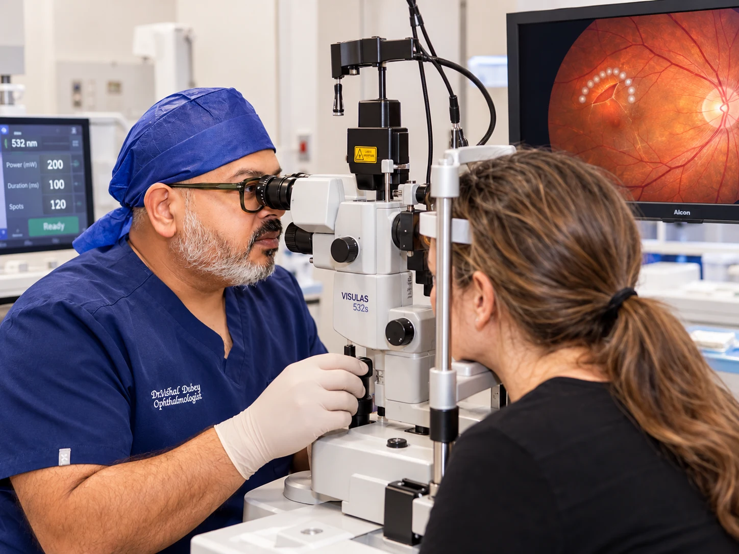 Dr Rahul Dubey performing a specialist retinal laser assessment