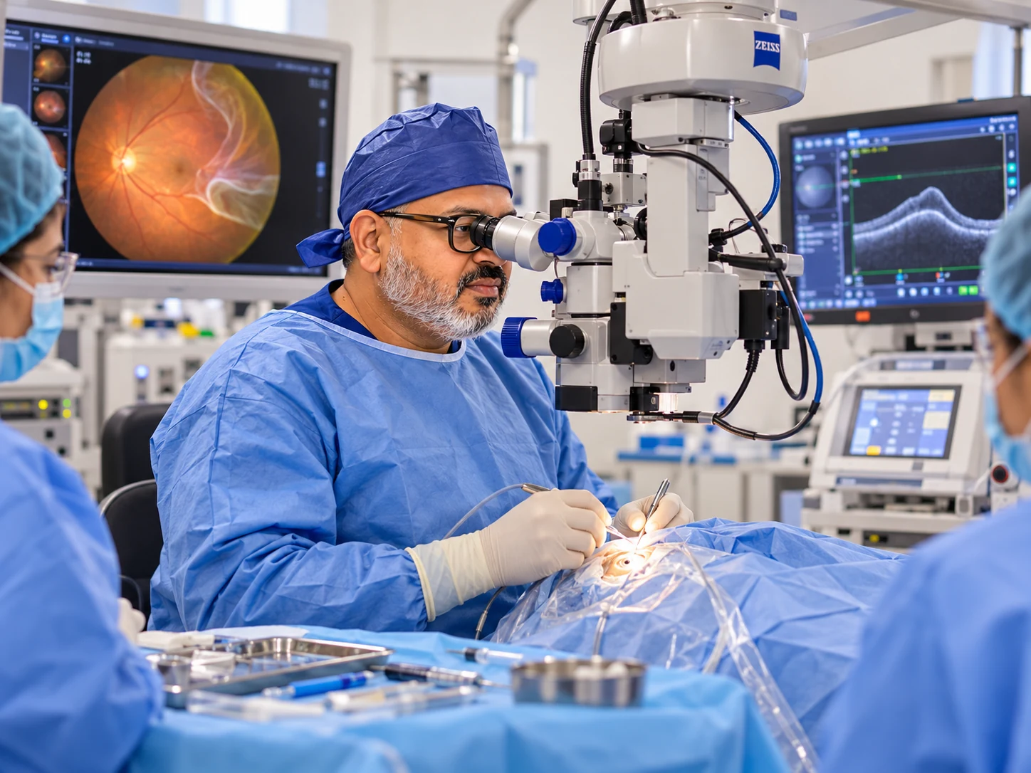 Dr Rahul Dubey performing surgery to repair a retinal detachment