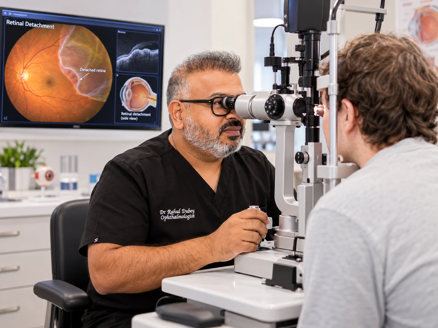 Dr Rahul Dubey examining a patient for retinal detachment