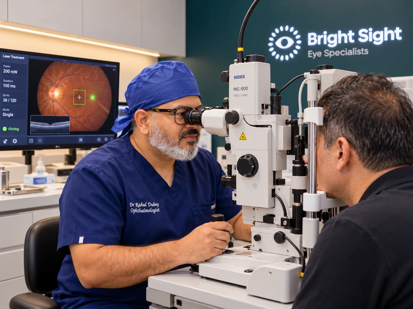 Dr Rahul Dubey performing retinal laser treatment with specialist ophthalmic equipment