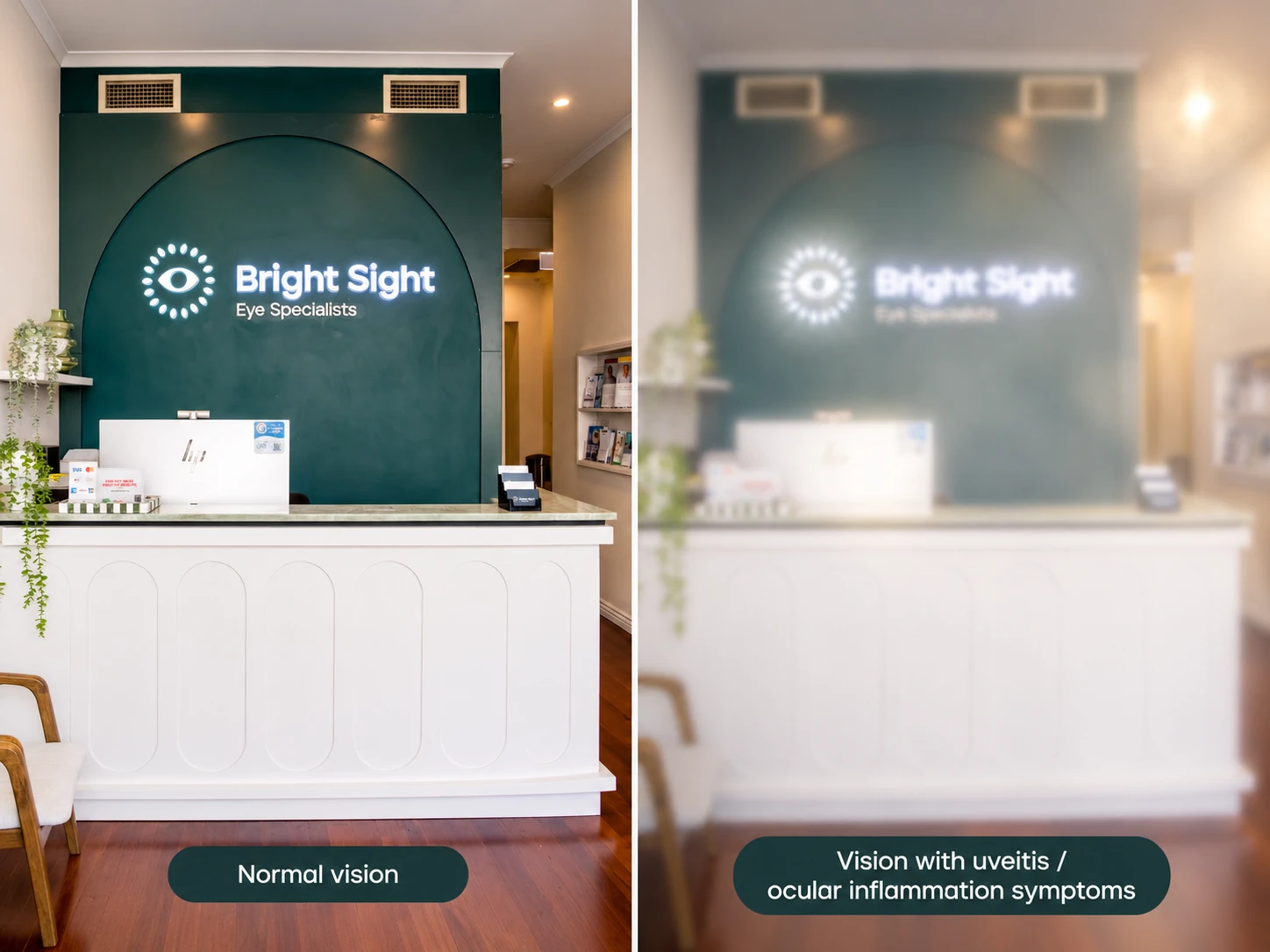 Illustration comparing normal vision with blurred and hazy vision from uveitis or ocular inflammation symptoms