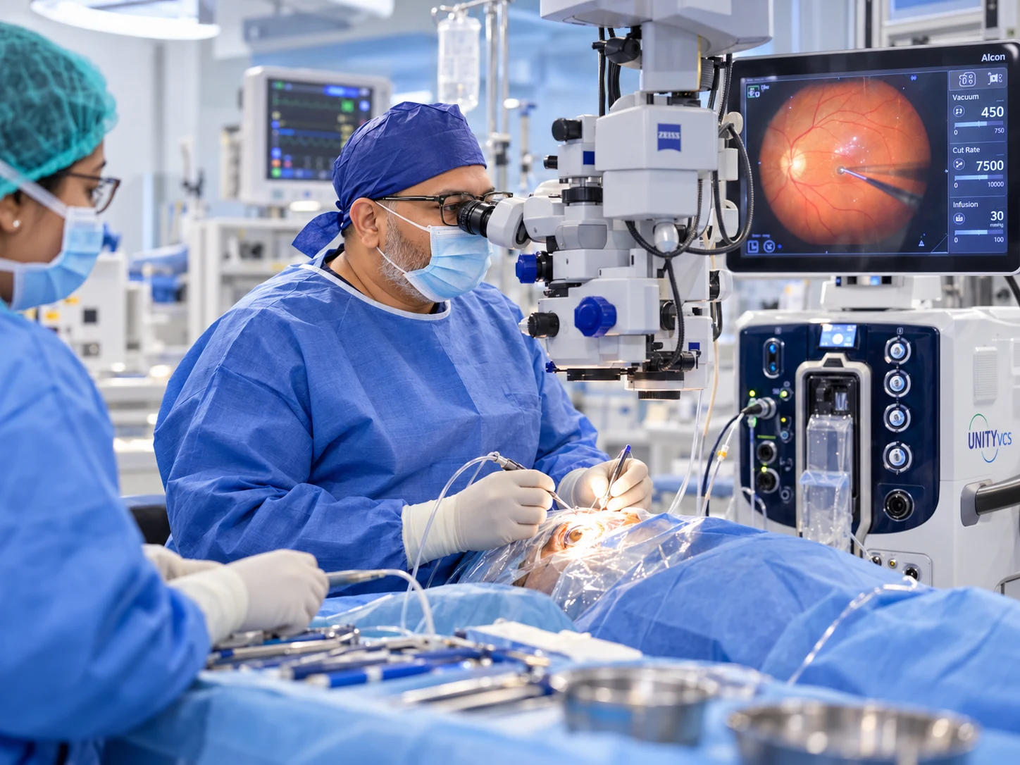 Dr Rahul Dubey performing vitrectomy surgery with advanced vitreoretinal equipment